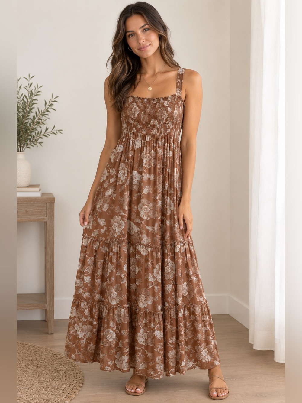 In Bloom Rust Brown and Cream Floral Smocked Maxi Dress